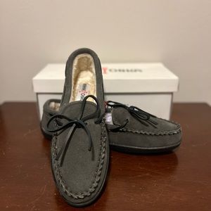 Gray Minnetonka moccasin slippers size 9. Never been worn, new in box.